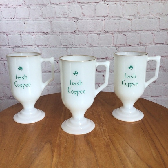 Vintage Irish Coffee Milk Glass with Gold Rim Handled Pedestal Mugs - Set of 3